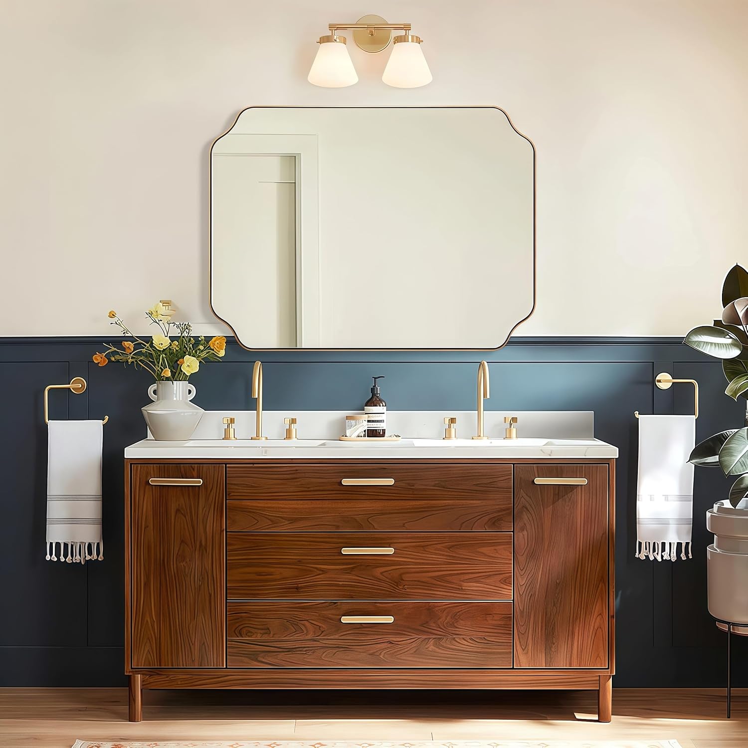 Gold Bathroom Mirror 30x40 Inch, Scalloped Brass Mirrors for Bathroom Sink, Notched Corner Rectangle Mirror in 1'' Stainless Steel Metal Frame Home Remodel Wall Mount Vertical/Horizontal