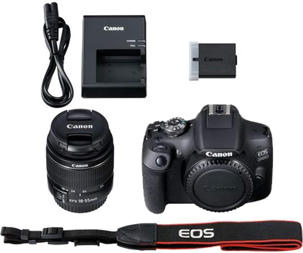 Canon EOS 2000D / Rebel T7 DSLR Camera w/EF-S 18-55mm F/3.5-5.6 Zoom Lens + 64GB Memory  LED Video Light  Case  Gripster Tripod  and More (Essential Bundle) (Renewed)