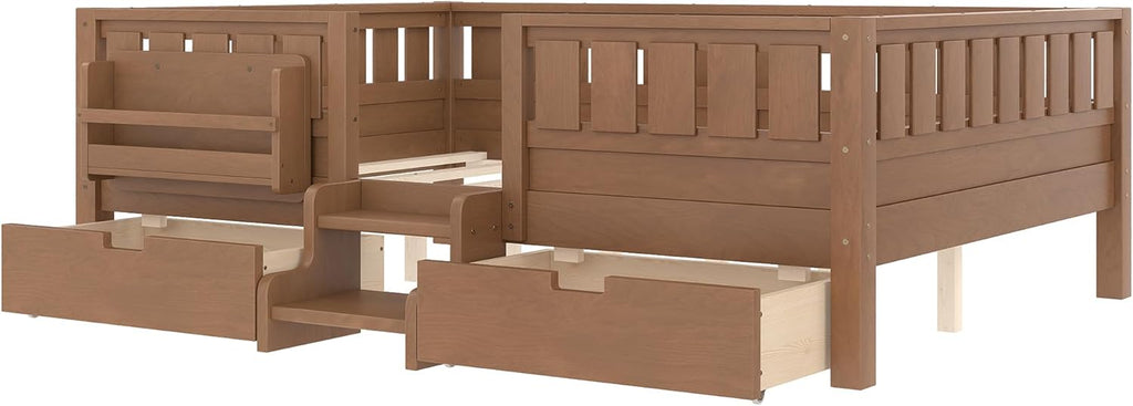 Bellemave Full Size Kids Montessori Bed with Stairs and Bookshelf,Solid Wood Full Size Kids Bed Frame with 2 Storage Drawers for Kids Girls Boys,Low-Profile,Natural