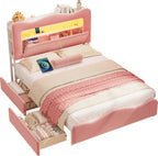LIKIMIO Full Upholstered LED Bed Frame with 2 Storage Drawers and Bookcase Storage Headboard, Velvet Princess Platform Bed with Charging Station, Heavy Duty Metal Support, No Box Spring Needed, Pink