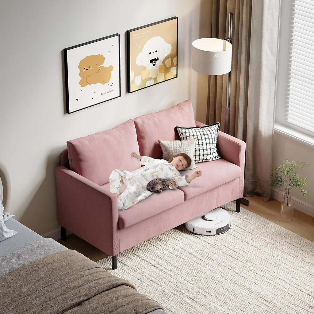 TYBOATLE Love Seat Mid Century Modern Small Loveseat for Living Room, 51" W Mini Little Upholstered 2-Seater Love Seats w/Iron Legs for Compact Small Space, Apartment, Bedroom, Dorm, Office (Pink)