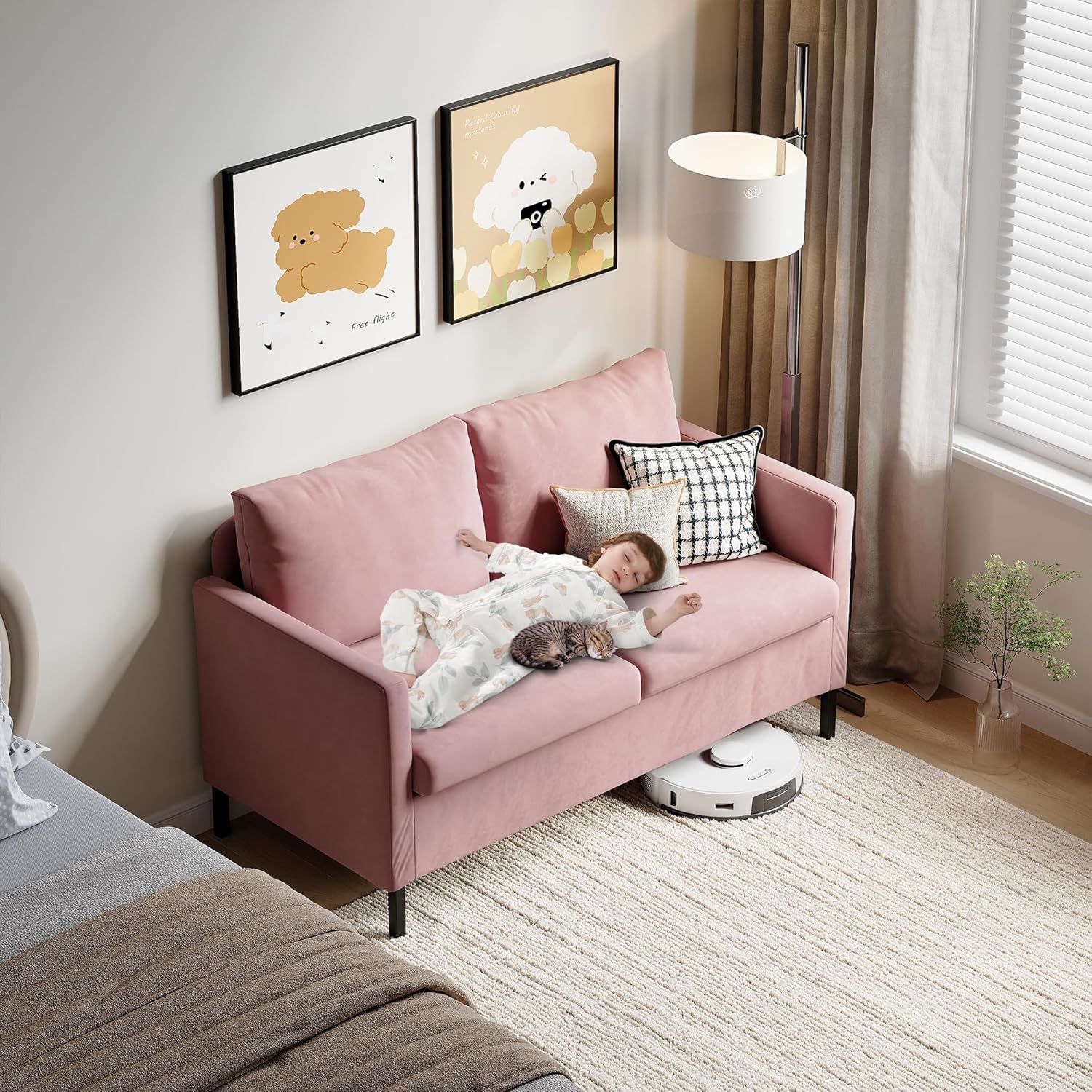 TYBOATLE Love Seat Mid Century Modern Small Loveseat for Living Room, 51" W Mini Little Upholstered 2-Seater Love Seats w/Iron Legs for Compact Small Space, Apartment, Bedroom, Dorm, Office (Pink)