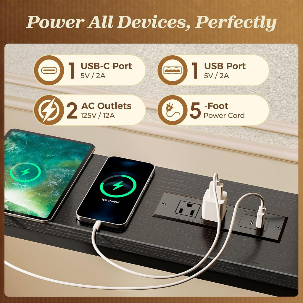 SUPERJARE 110.2 Inch Sofa Table with 2 Power Outlets and USB-C Port, 5.9 Inch Narrow Console Table with Storage, Extra-Long, for Entryway Hallway Couch Behind Sofa, Small Spaces, Black