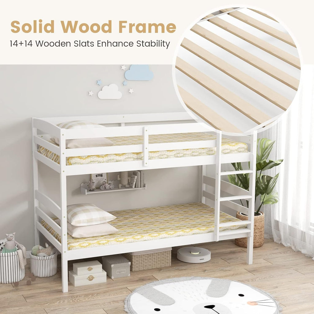 DORTALA Twin Over Twin Bunk Bed, Rubber Wood Convertible Wood Bunk Bed with Ladder Guardrail, Safety High Guardrail, Solid Wood Frame, Practical Morden Bunk Beds for Home, Dorm, Apartment, White