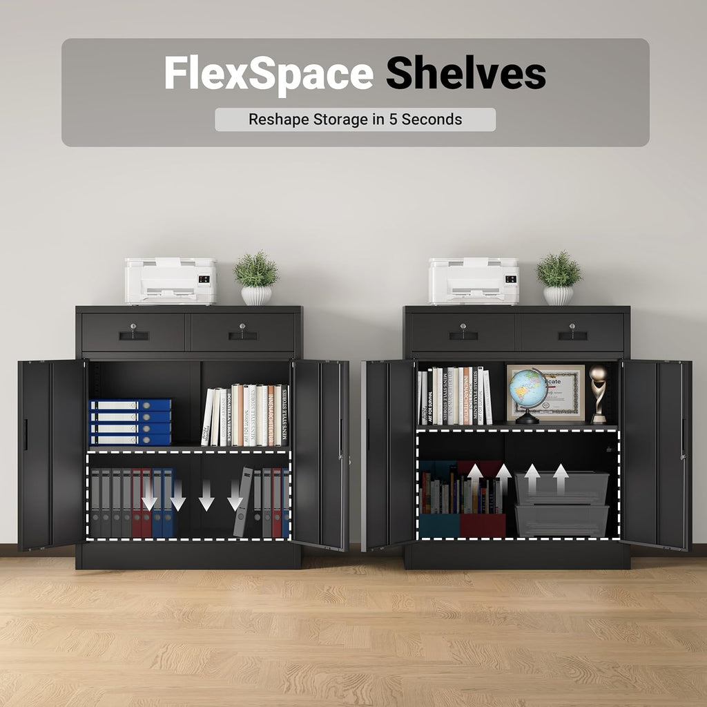 CJF Metal Storage Cabinet, Locking Cabinet with Adjustable Shelf and 2 Drawers, Metal Cabinets for Office, Home, Garage 36" H x 32" W x 16" D (Black)
