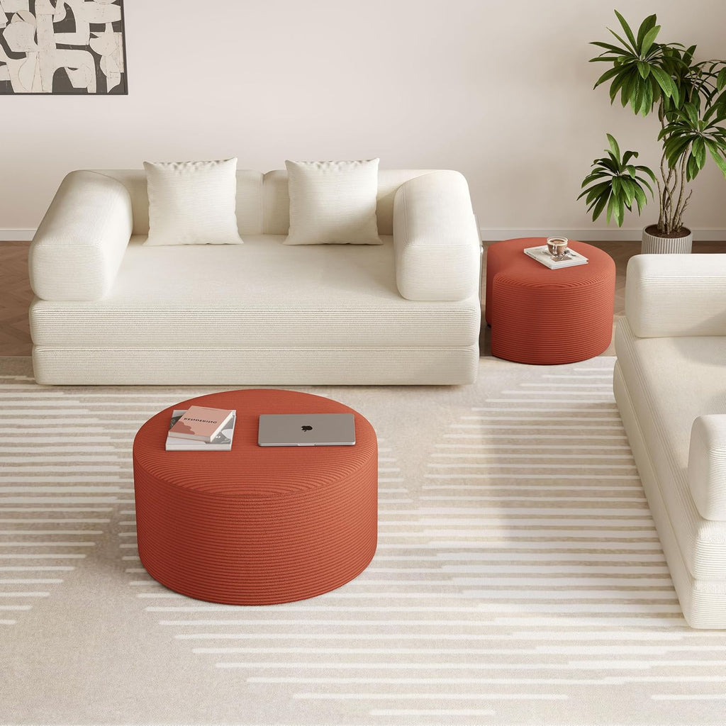 BSHOMGI Nesting Coffee Table Set of 2, Upholstered Round Corduroy Circle Foam Round Side Table for Living Room, Entryway Set, 32"+17" Footrest No Assembly (Orange, 32"+17")