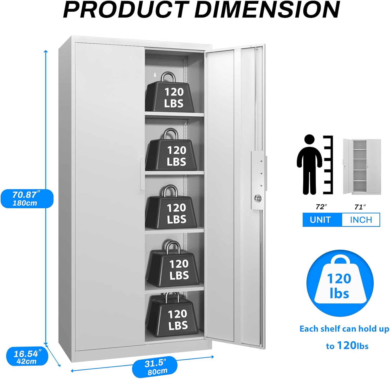 Metal Garage Storage Cabinet with Lock, 71" Tall Steel Storage Locker with 4 Adjustable Shelves, Heavy Duty Metal Cabinet for Garage, Office, Home, 31.5”W × 16.5”D, White