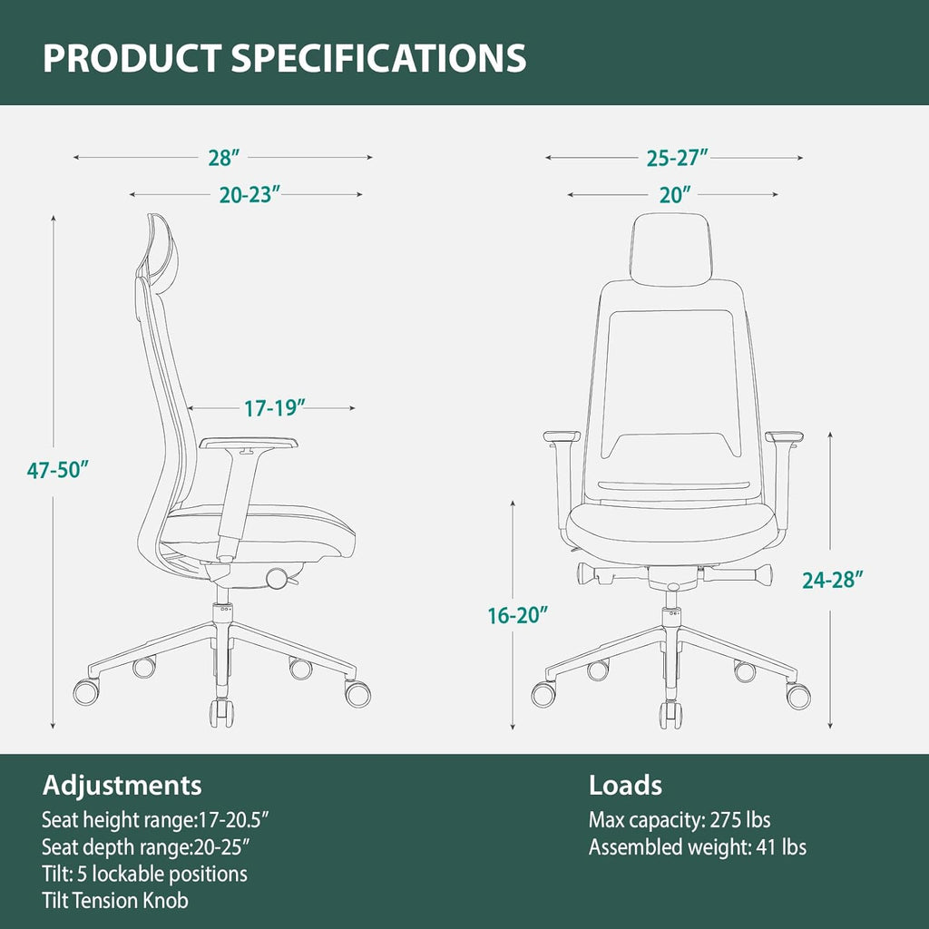 Ergonomic Mesh Office Chair with Headrest, High Back Executive Chair, 4D Adjustable Armrests, Adjustable Lumbar Support, Sliding Seat & Multi-Position Tilt Lock, Aluminum Base – Black