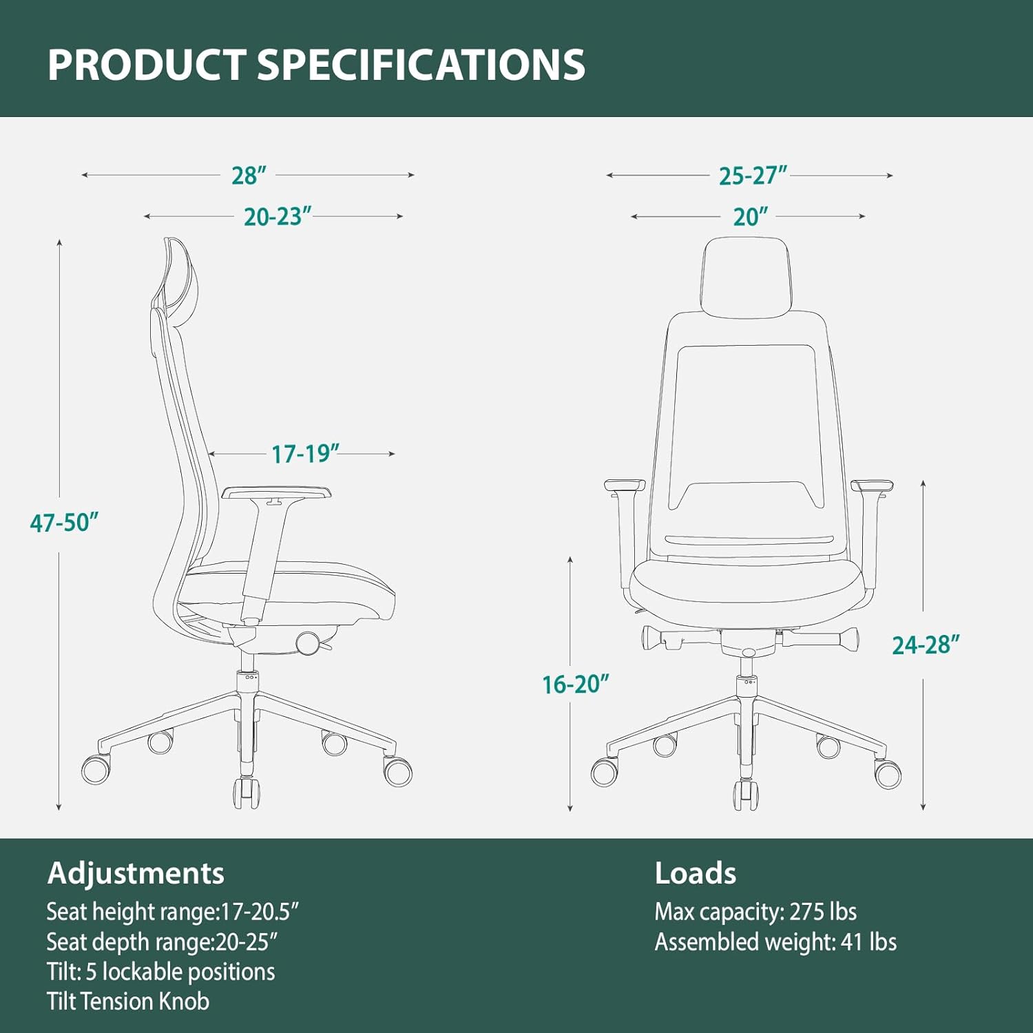 Ergonomic Mesh Office Chair with Headrest, High Back Executive Chair, 4D Adjustable Armrests, Adjustable Lumbar Support, Sliding Seat & Multi-Position Tilt Lock, Aluminum Base – Black