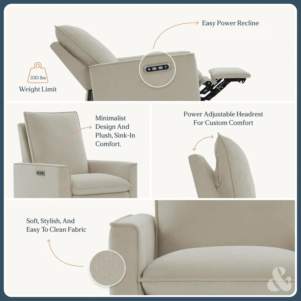 Nurture& Montauk Power Glider Recliner – Premium Nursery Recliner Chair with USB‑A/C, Adjustable Headrest & Gentle Glide, Stain‑Resistant Upholstery, Comfortable & Space‑Smart, Ivory