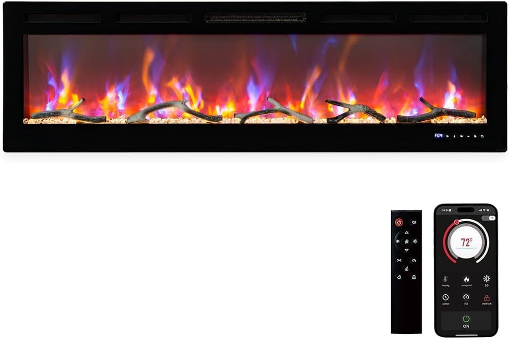 60" Recessed and Wall Mounted Electric Fireplace, Smart WiFi Infrared Electric Fireplace with Remote Control, Adjustable Flame Color, 750/1500W Fireplace Heater and Linear Fireplace, Black