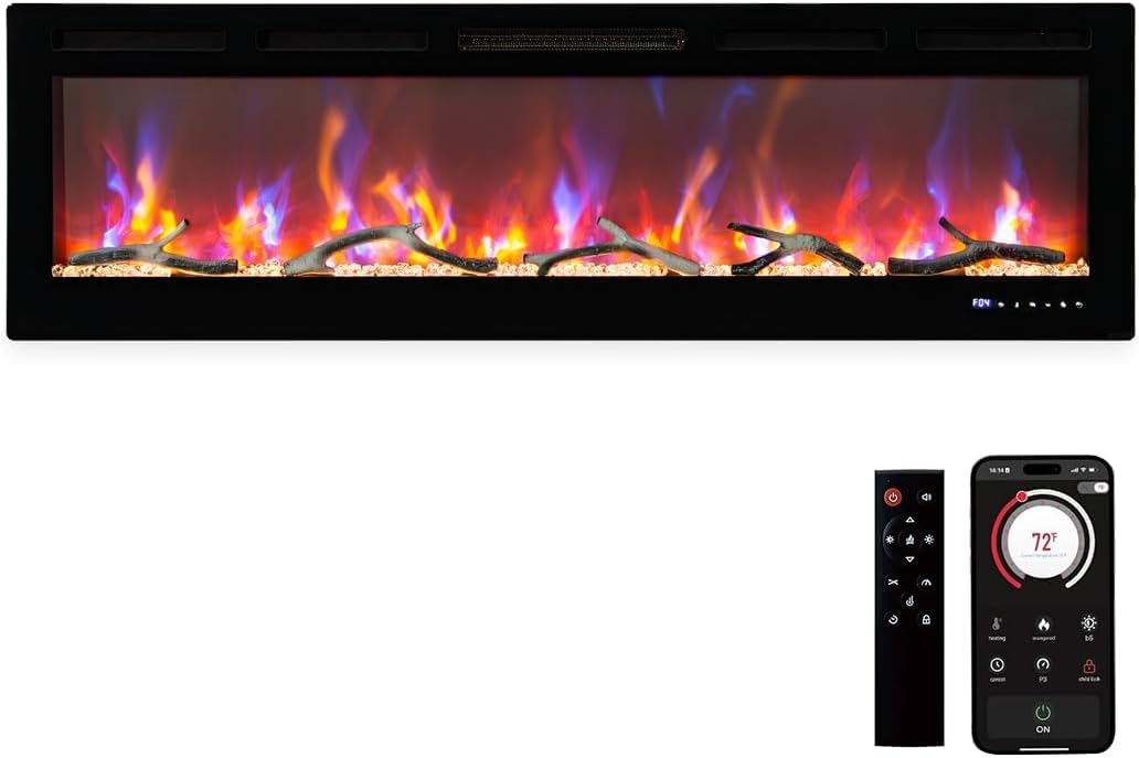 60" Recessed and Wall Mounted Electric Fireplace, Smart WiFi Infrared Electric Fireplace with Remote Control, Adjustable Flame Color, 750/1500W Fireplace Heater and Linear Fireplace, Black