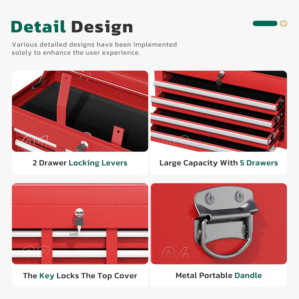 Greenvelly Tool Chest, 5-Drawer Rolling Tool Chest with Hooks and Lockable Wheels, Detachable Top Tool Box, Toolbox with Wheels, Rolling Tool Box for Mechanics Garage Workshop and Tool Room (Red)