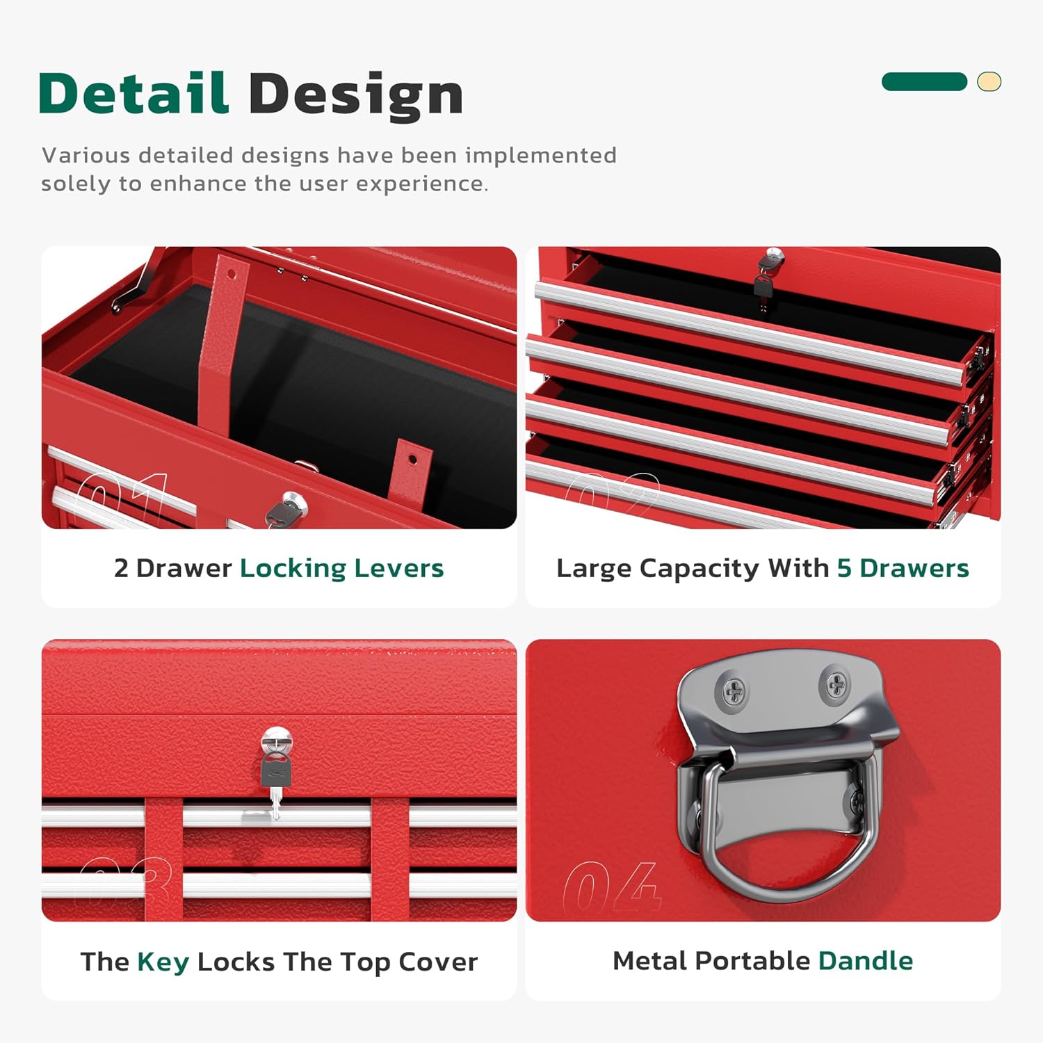 Greenvelly Tool Chest, 5-Drawer Rolling Tool Chest with Hooks and Lockable Wheels, Detachable Top Tool Box, Toolbox with Wheels, Rolling Tool Box for Mechanics Garage Workshop and Tool Room (Red)