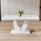 JUFU 63" Faux Marble Dining Table for 6, Modern Rectangular Kitchen & Dining Room Table, White Marble-Look MDF Top with U-Shaped Pedestal Base, Easy to Assemble