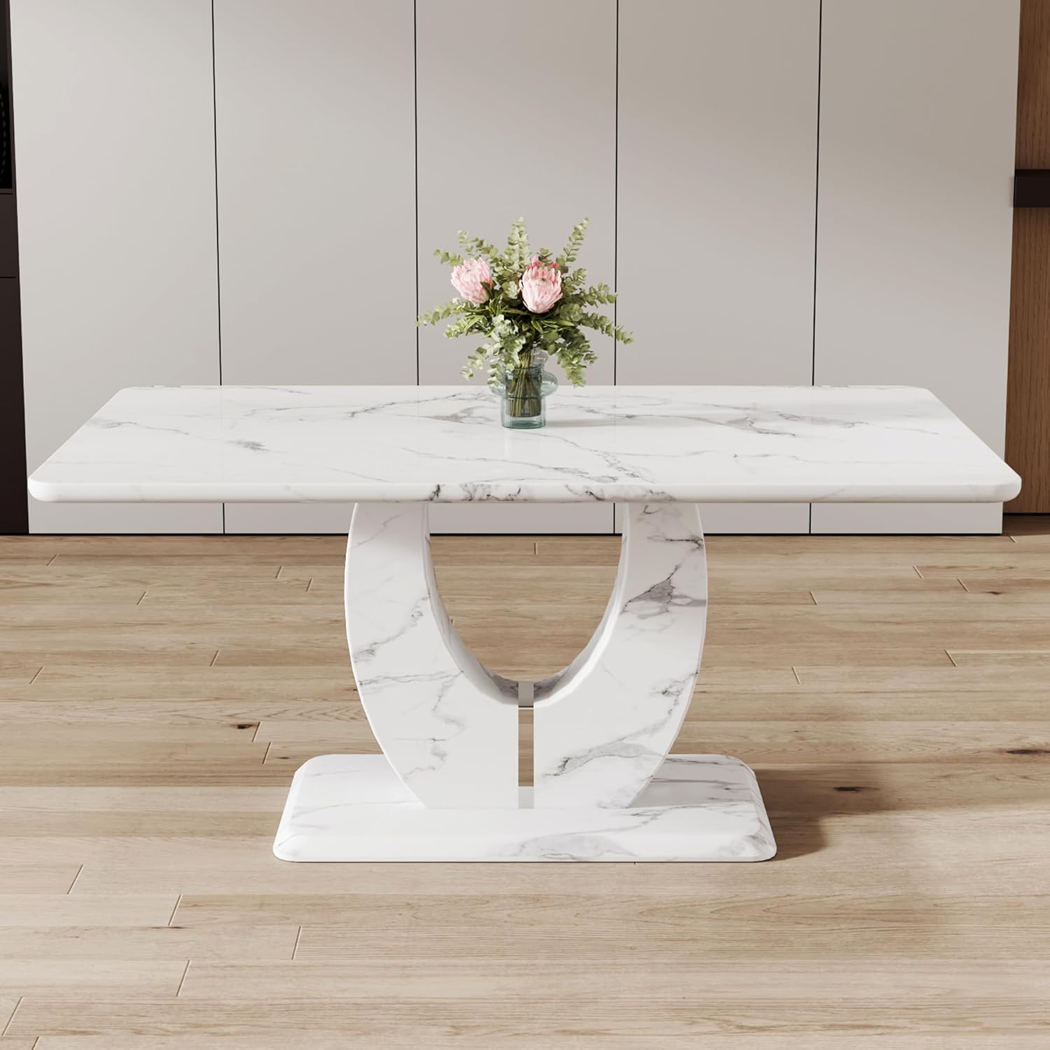 JUFU 63" Faux Marble Dining Table for 6, Modern Rectangular Kitchen & Dining Room Table, White Marble-Look MDF Top with U-Shaped Pedestal Base, Easy to Assemble