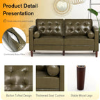 67" Premium Faux Leather 2-Seater Sofa with 2 Bolster Pillows and Tufted Backrest, Mid-Century Modern Loveseat Sofa, Luxury Couch for Living Room, Bedroom, Office, Olive Green