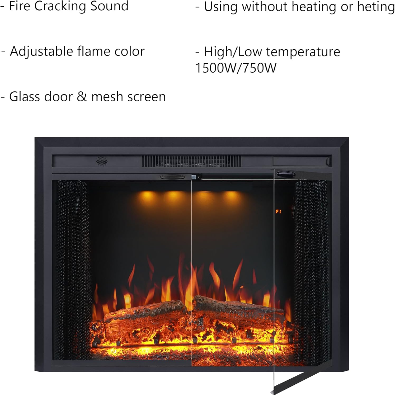 Valuxhome 43” W Electric Fireplace Heater with Crackling Sound, 1-9H Timer, Remote Control, Glass Door and Movable Mesh Screen, 3 Color Settings