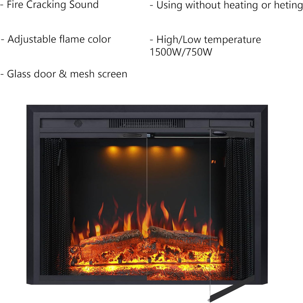 Valuxhome 43” W Electric Fireplace Heater with Crackling Sound, 1-9H Timer, Remote Control, Glass Door and Movable Mesh Screen, 3 Color Settings