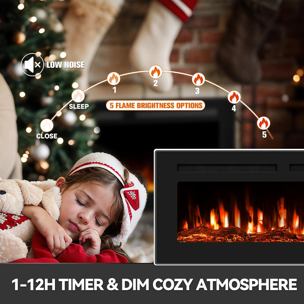 Manastin 60" Ultra-Thin Electric Fireplace Recessed and Wall Mounted with Remote Control, 12 Adjustable Color Fireplace Heater(60-99°F Thermostat), Low Noise, Timer, Child Lock