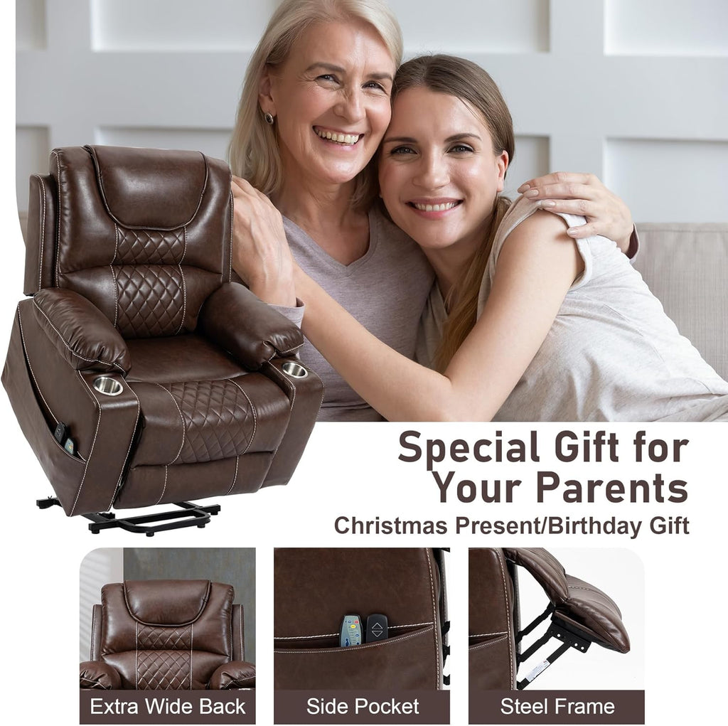 Oversized Power Lift Recliner Chair 400 LBS for Big and Tall Elderly, 26" Extra Wide Zero Gravity Electirc Recliner Chair with Massage and Heating, Leather Home Theater Seat, Brown
