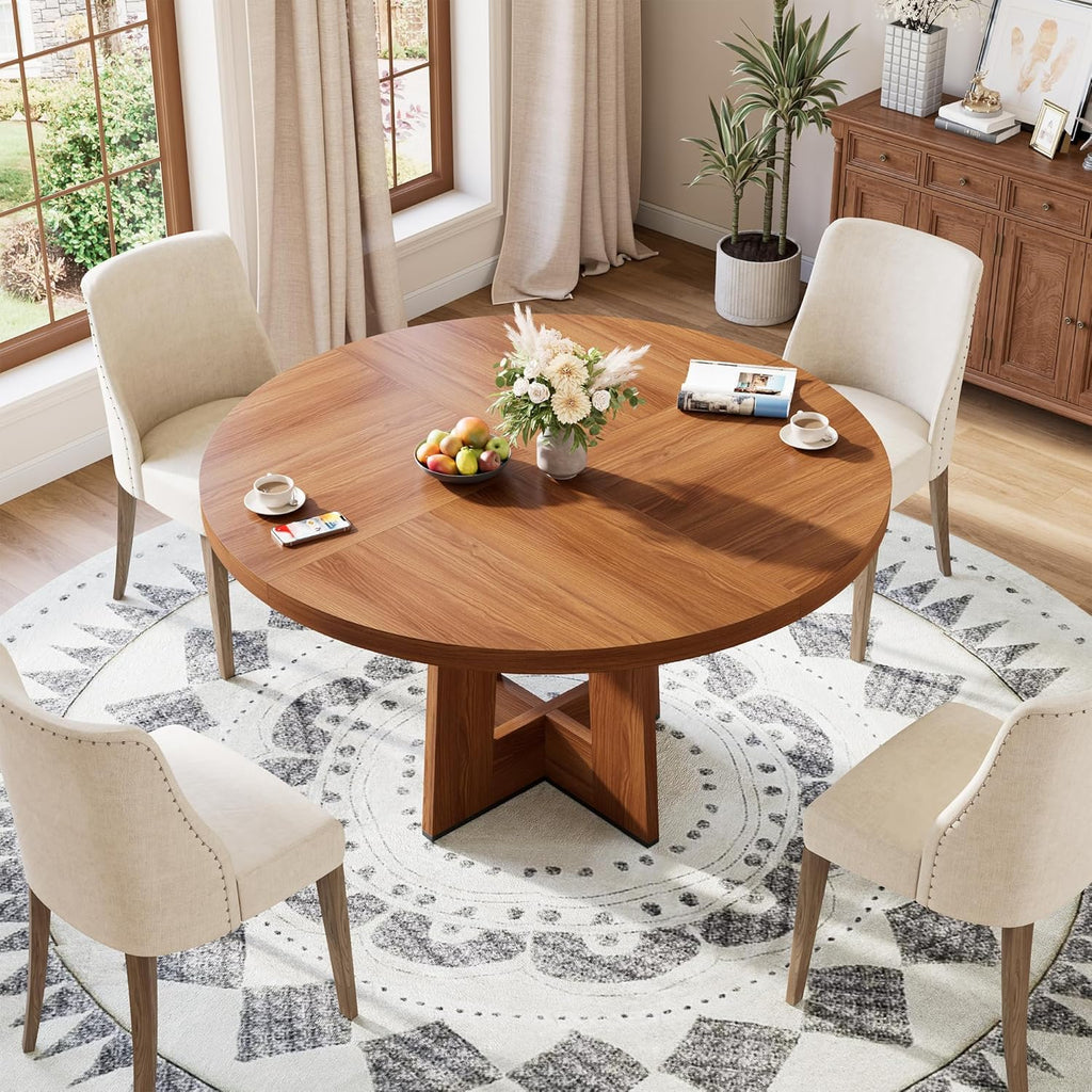 Garvee 47" Round Dining Table for 4-6 People - Circle Kitchen Dinner Table with Sturdy Pedestal Base, Space Saving Dinning Room Furniture for Living Room, Kitchen, Apartment, Light Walnut