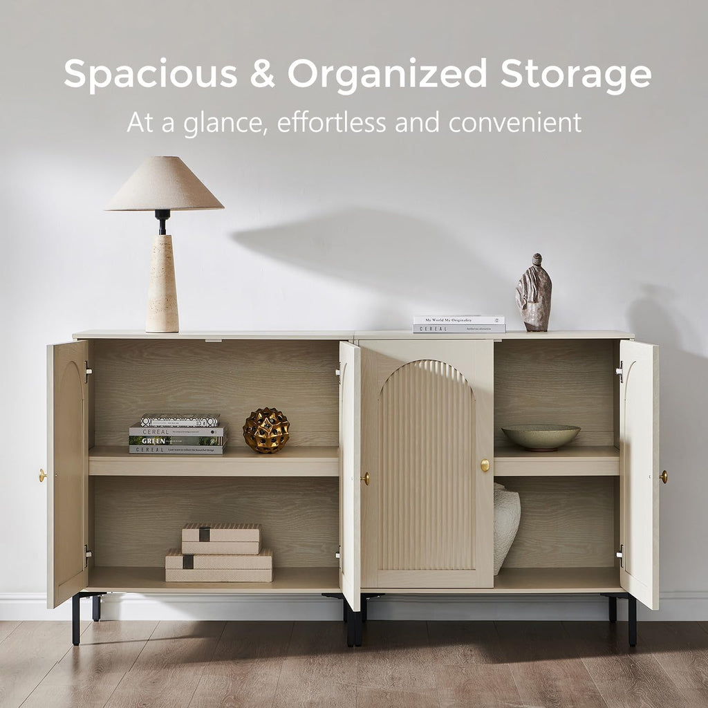 Modern TV Stands for 80 Inch TV, 92.63" W Wood Entertainment Center w/Adjustable Shelves, Mid Century Modern TV Stand w/Arched Fluted Doors, Media Console Cabinet for Living Room, Cream
