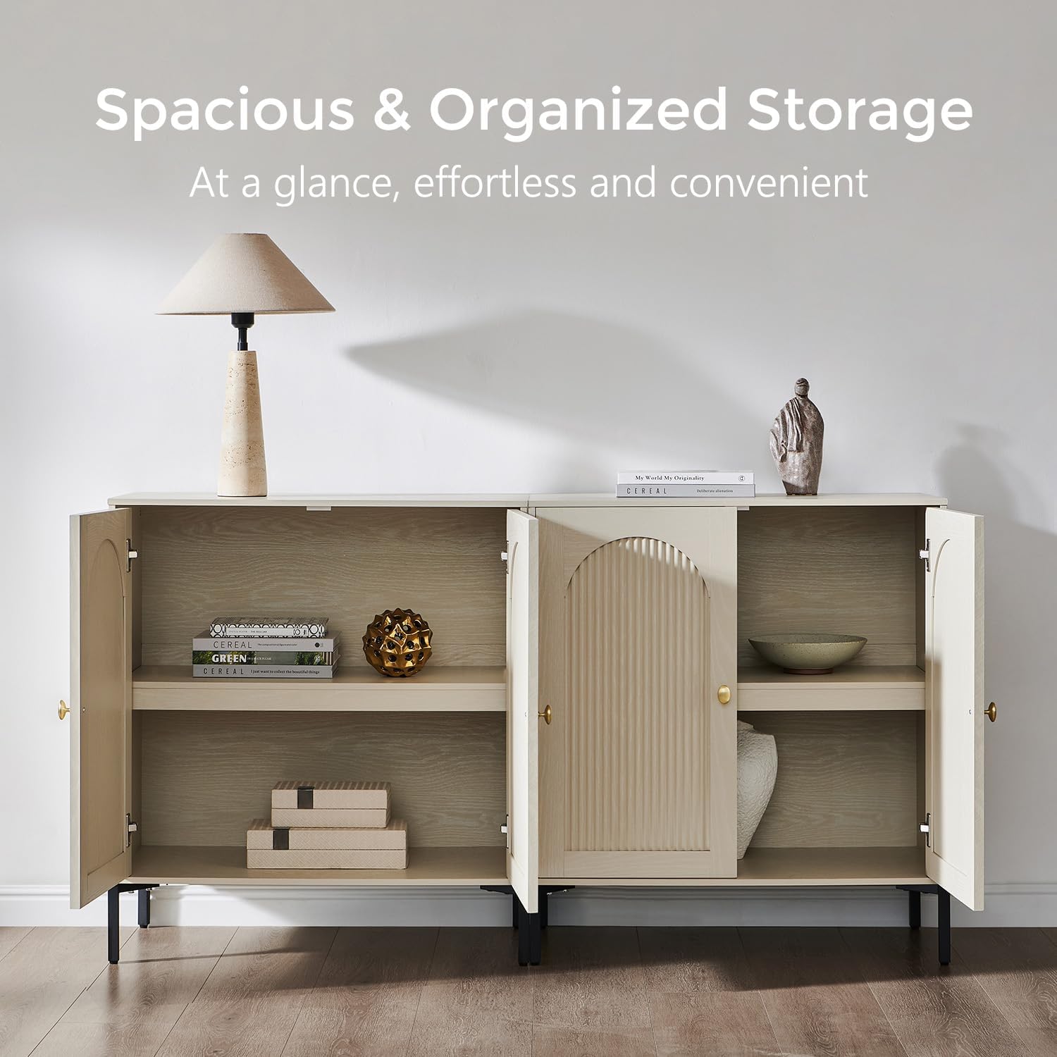 Modern TV Stands for 80 Inch TV, 92.63" W Wood Entertainment Center w/Adjustable Shelves, Mid Century Modern TV Stand w/Arched Fluted Doors, Media Console Cabinet for Living Room, Cream