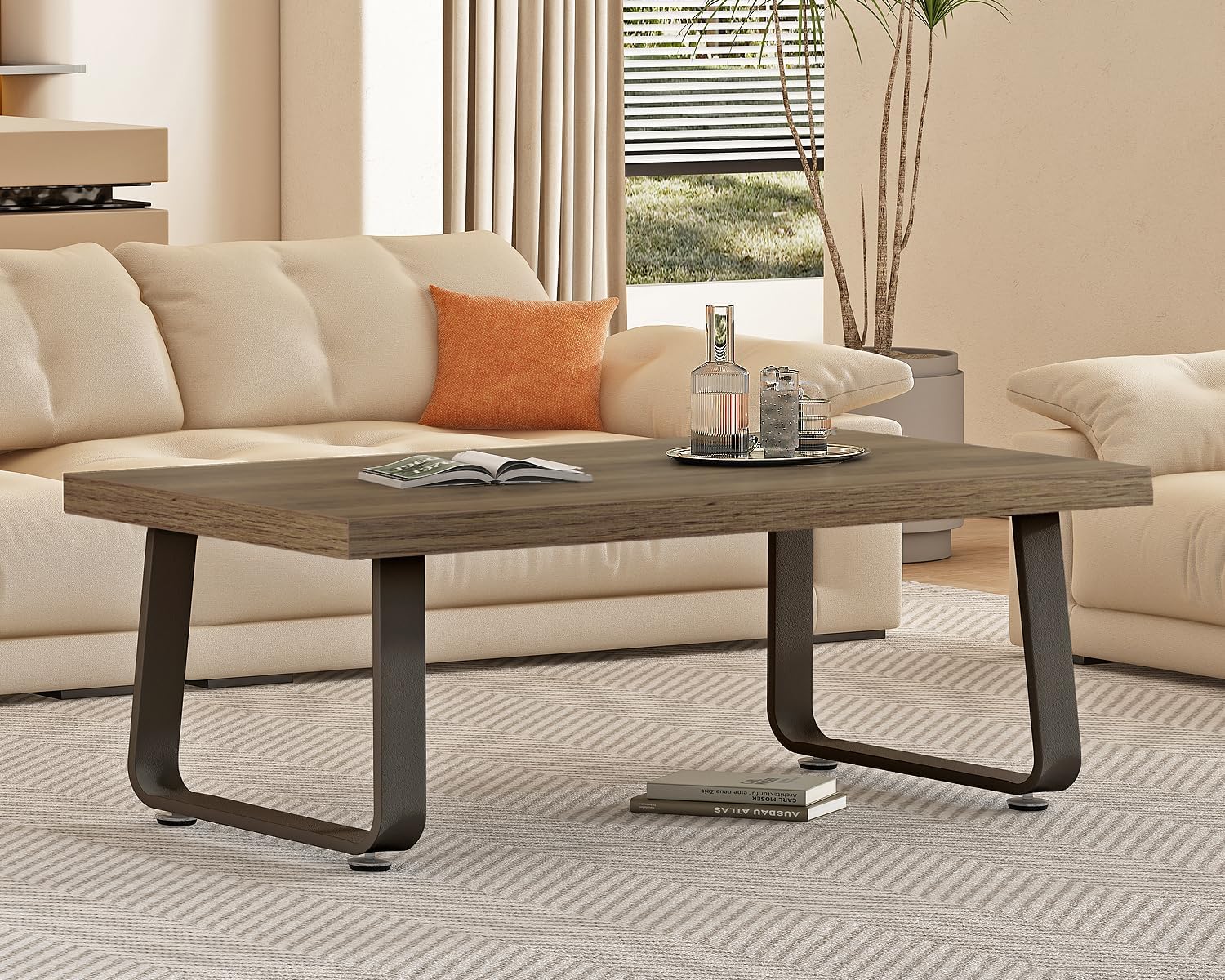 HSH 47" Rustic Industrial Coffee Table - Farmhouse Modern Minimalist Center Table with Wood & Metal Legs,Cocktail Table for Living Room, Bedroom, Home Office, Rustic Oak