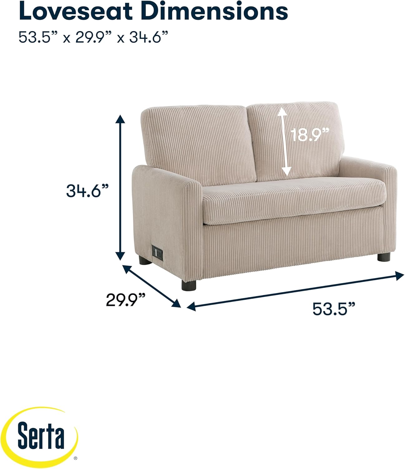 Serta® Darnold 53.5" Pull-Out Sleeper Loveseat, Twin Size, Dreamcoil® Comfort, Memory Foam Pull-Out Mattress, USB-C and USB-A Power Ports, Soft Corduroy Fabric, Beige