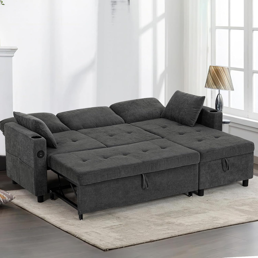 84" L-Shape Pull Out Sofa with 2 Storage Chaise, Fabric Sectional Sleeper Sofa with Adjustable Backrest, Upholstered Reversible Couch Bed with USB Port for Living Room, House, Grey
