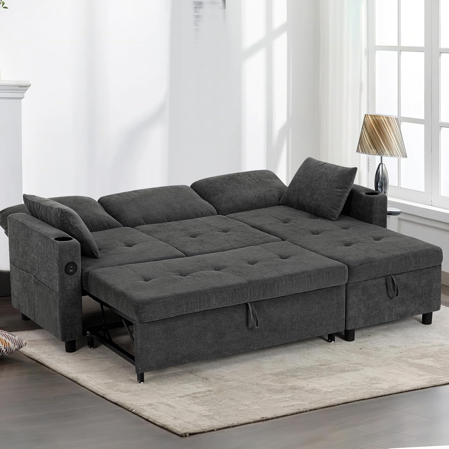 84" L-Shape Pull Out Sofa with 2 Storage Chaise, Fabric Sectional Sleeper Sofa with Adjustable Backrest, Upholstered Reversible Couch Bed with USB Port for Living Room, House, Grey