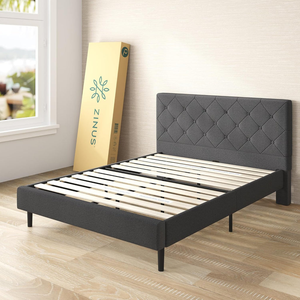 Zinus King Shalini Upholstered Platform Bed Frame with Headboard New WonderBox(TM) Version, Wooden Slat Support, No Box Spring Needed, Easy Assembly, Eco Friendly Packaging, Dark Grey