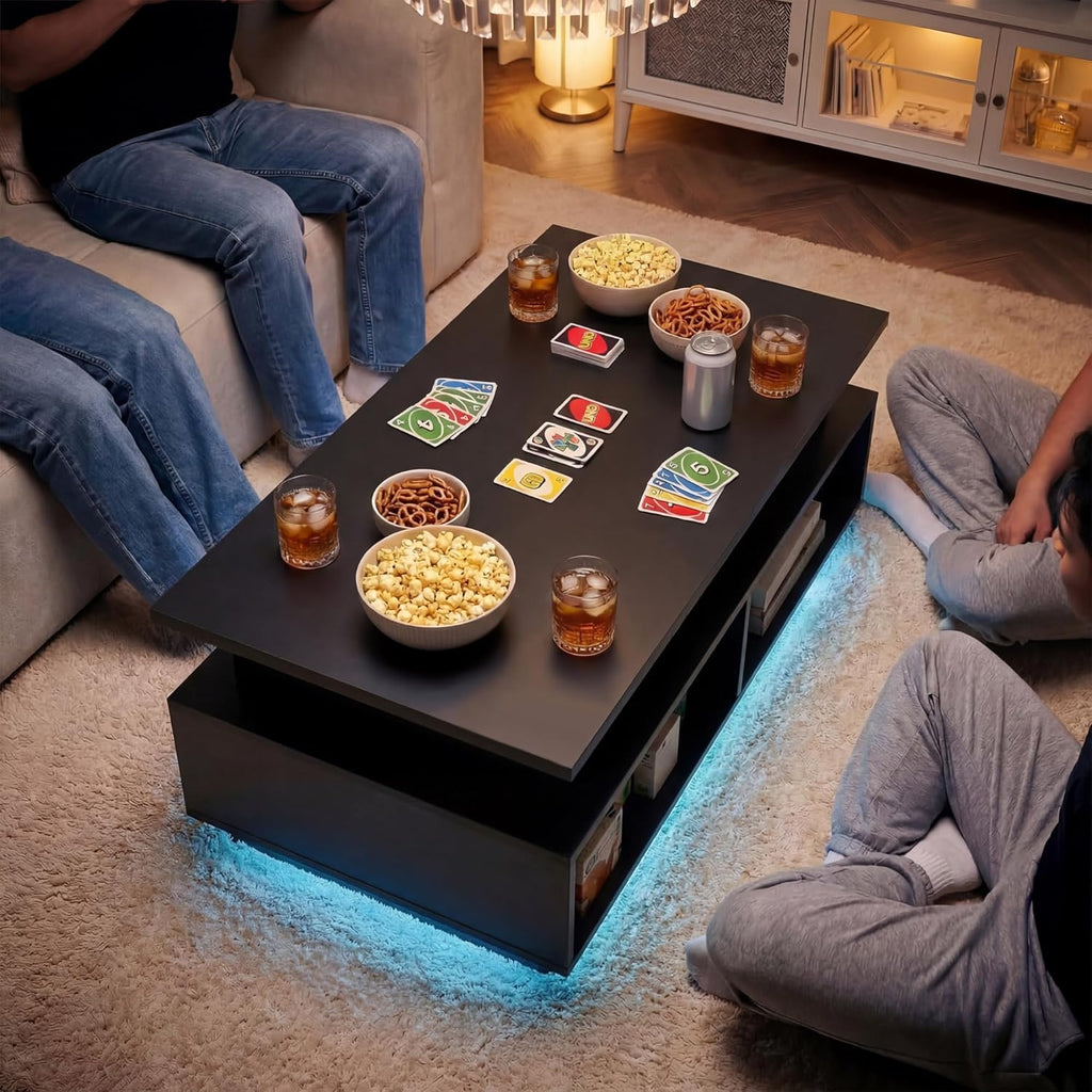 YESHOMY 40" Lift Top Coffee Table with Hidden Storage & Multi-Color LED Lights, Modern Square Wood Table with 4 Open Shelves for Living Room and Small Space, Black