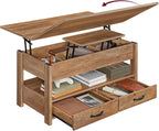 VASAGLE Coffee Table Lift Top, 3 in 1 Center Table with Storage, Gas Spring, 2 Drawers and 3 Hidden Compartments, Open Shelf, for Living Room, Home Office, Honey Brown ULCT254K01