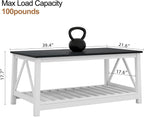 Farmhouse Coffee Table, Black and White Coffee Table for Living Room, 2-Tier Rectangular Wooden Centre Cocktail Table with Slats Shelf Storage and V-Shaped Frame Modern Coffee Tables Oak Black