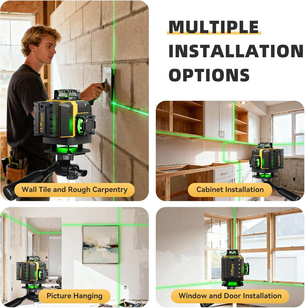 16 Lines Laser Level with Tripod - 360° Cross Line Laser with Tripod, 4D Green Laser Level, 4x360 Self Leveling Tool for Picture Hanging, Home Renovation, Indoor Project, 2 Batteries Included