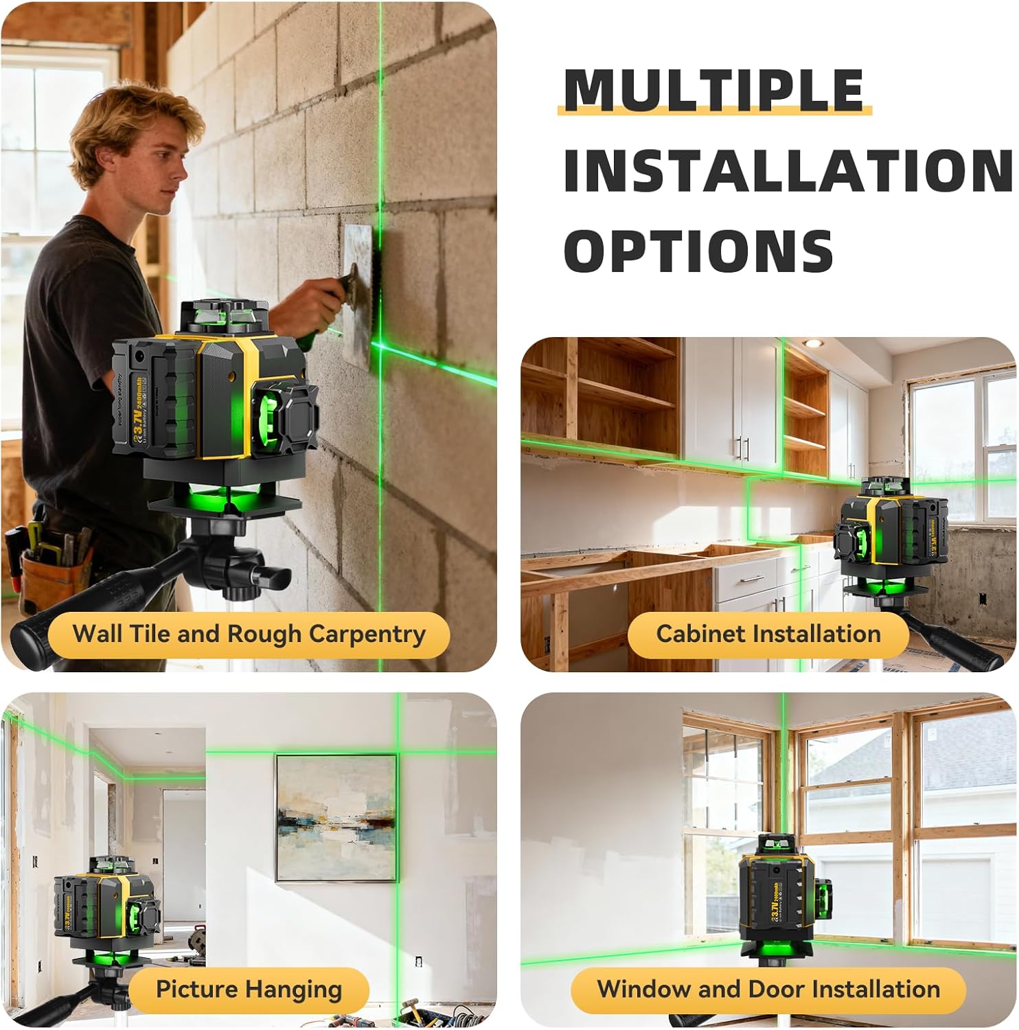 16 Lines Laser Level with Tripod - 360° Cross Line Laser with Tripod, 4D Green Laser Level, 4x360 Self Leveling Tool for Picture Hanging, Home Renovation, Indoor Project, 2 Batteries Included