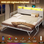 VIAGDO Day Bed with Trundle Bed Twin, Wood Day Bed with Hidden Storage Headboard, Farmhouse Daybed with Charging Station and LED Lights, Twin to King Daybed for Living Room, Guest Room, White