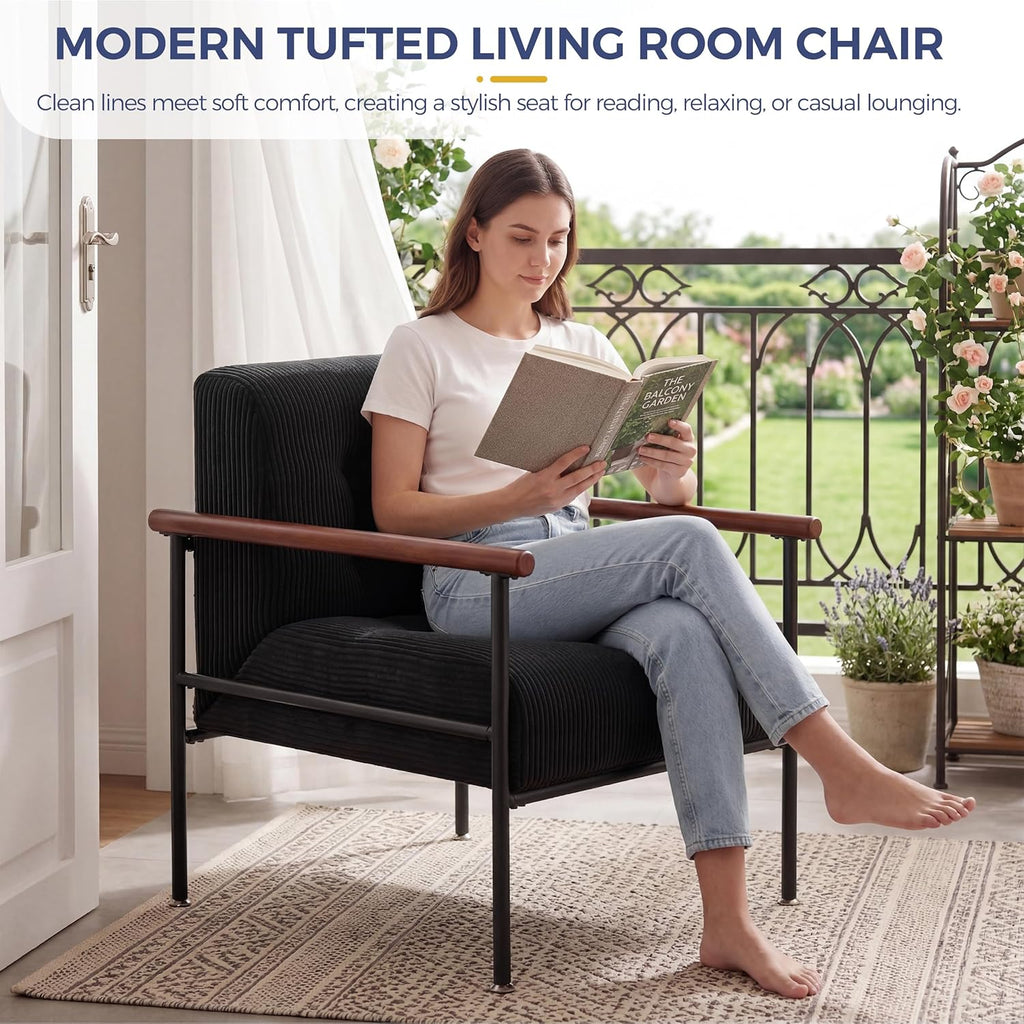 MAXYOYO Living Room Accent Chair, Modern Chair with Sturdy Metal Frame & Wood Armrests, Upholstered Reading Chair with Upholstered Cushion for Bedroom Balcony Porch, Black