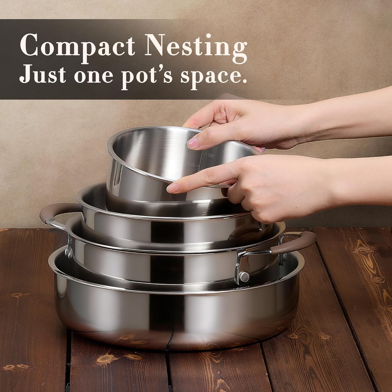 CAROTE 19pcs Stainless Steel Cookware Set with Detachable Handle, Pots and Pans Set, Induction Kitchen Cooking Sets, RV/Camping Cookware, Removable Handle, Oven Safe, Woodgrain