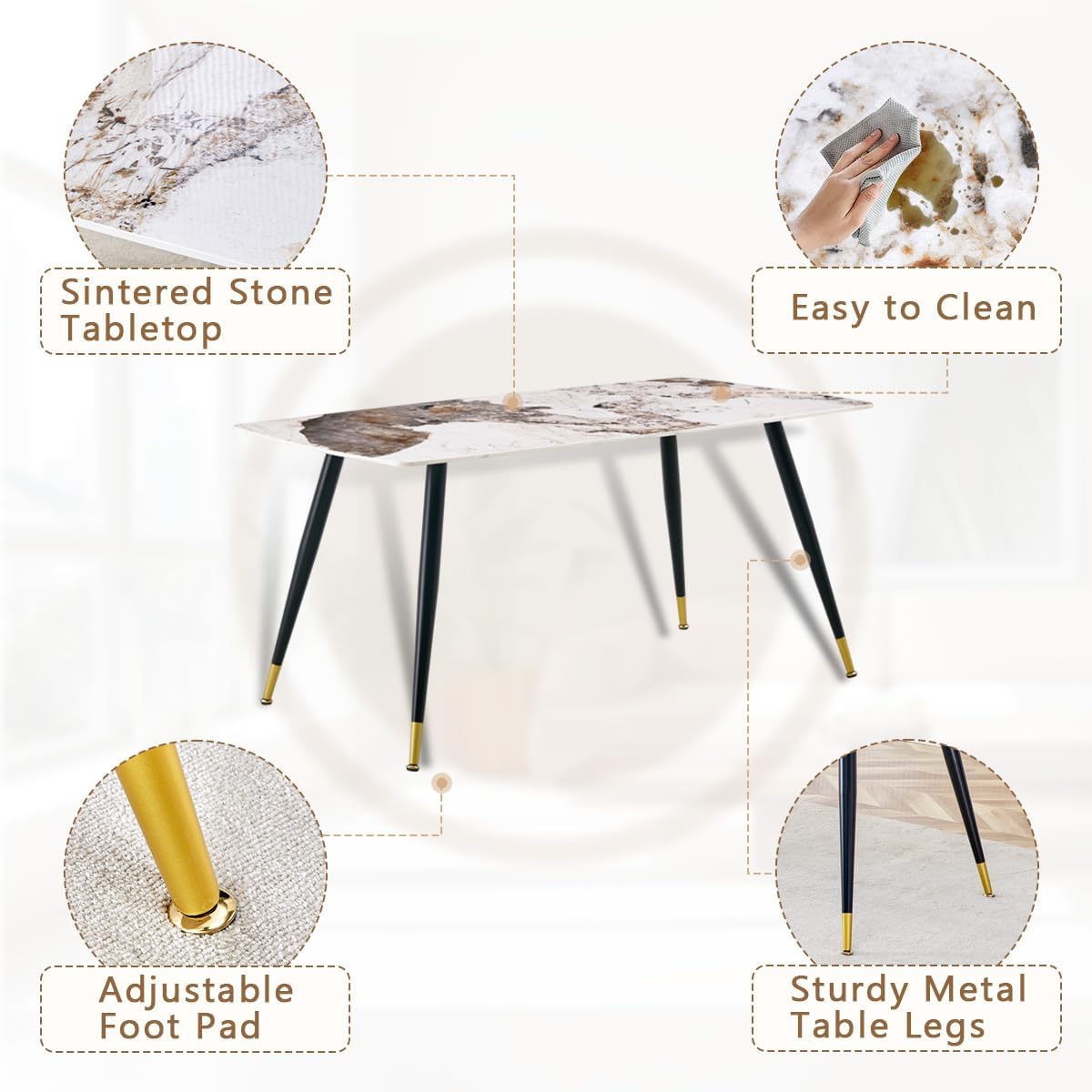 Dinner Table Set for 6, Sintered Stone Kitchen Table Top and Modern Chairs Set of 6 for Kitchen Dining Room