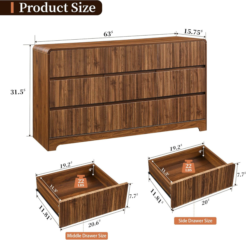 MERRYBERRY Fluted Dresser for Bedroom with 9 Drawers,63" Wide Modern Chest of Drawers with Curved Profile & Deep Drawer,Large Wood TV Dresser for Bedroom Living Room