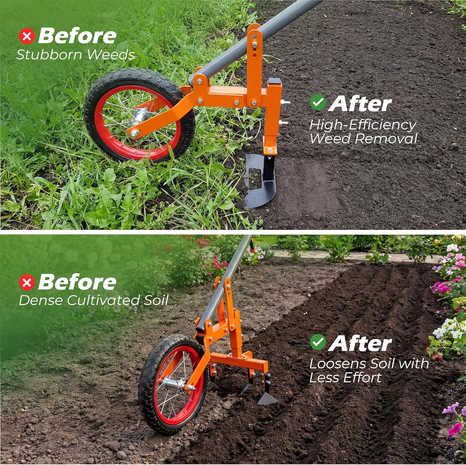 Walensee 2-in-1 Manual Wheel Hoe Garden Cultivator, Push Plow with Adjustable Long Handle 51.9–64.9 in, Dual Tools for Soil Loosening & Weeding, Heavy Duty Steel Frame, Lawn & Garden Tiller