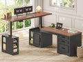SEDETA Farmhouse L Shaped Electric Standing Desk, 63" x 67" Height Adjustable Home Office Executive Desk with Drawers and Shelves, Standing Computer Desks with Power Outlet for Home Office, Black