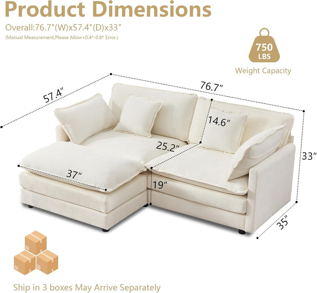 GNIXUU 76.7" Beige L Shaped Comfy Chenille Modular Cloud Sofa, Modern 2 Seater Couch with Movable Ottoman, Deep Seat Sofa with 4 Pillows for Living Room Apartment Small Places