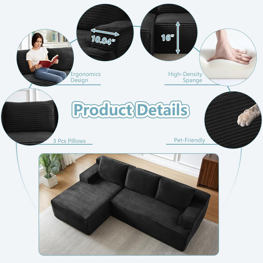 96" Cloud Sectional Couch with L-Shape Chaise, Modern Corduroy Boneless Couch for Living Room,Memory Foam Sofa with Deep Seat,No Assembly Required (Black,Left-Facing Chaise)