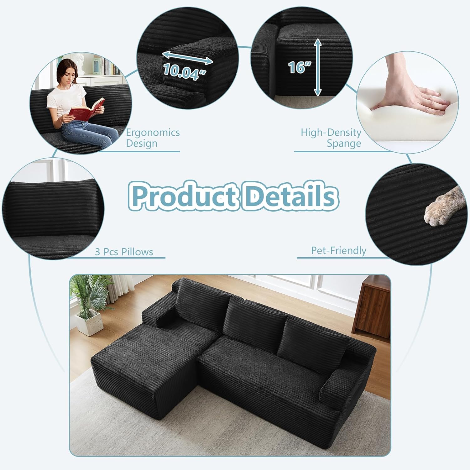 96" Cloud Sectional Couch with L-Shape Chaise, Modern Corduroy Boneless Couch for Living Room,Memory Foam Sofa with Deep Seat,No Assembly Required (Black,Left-Facing Chaise)