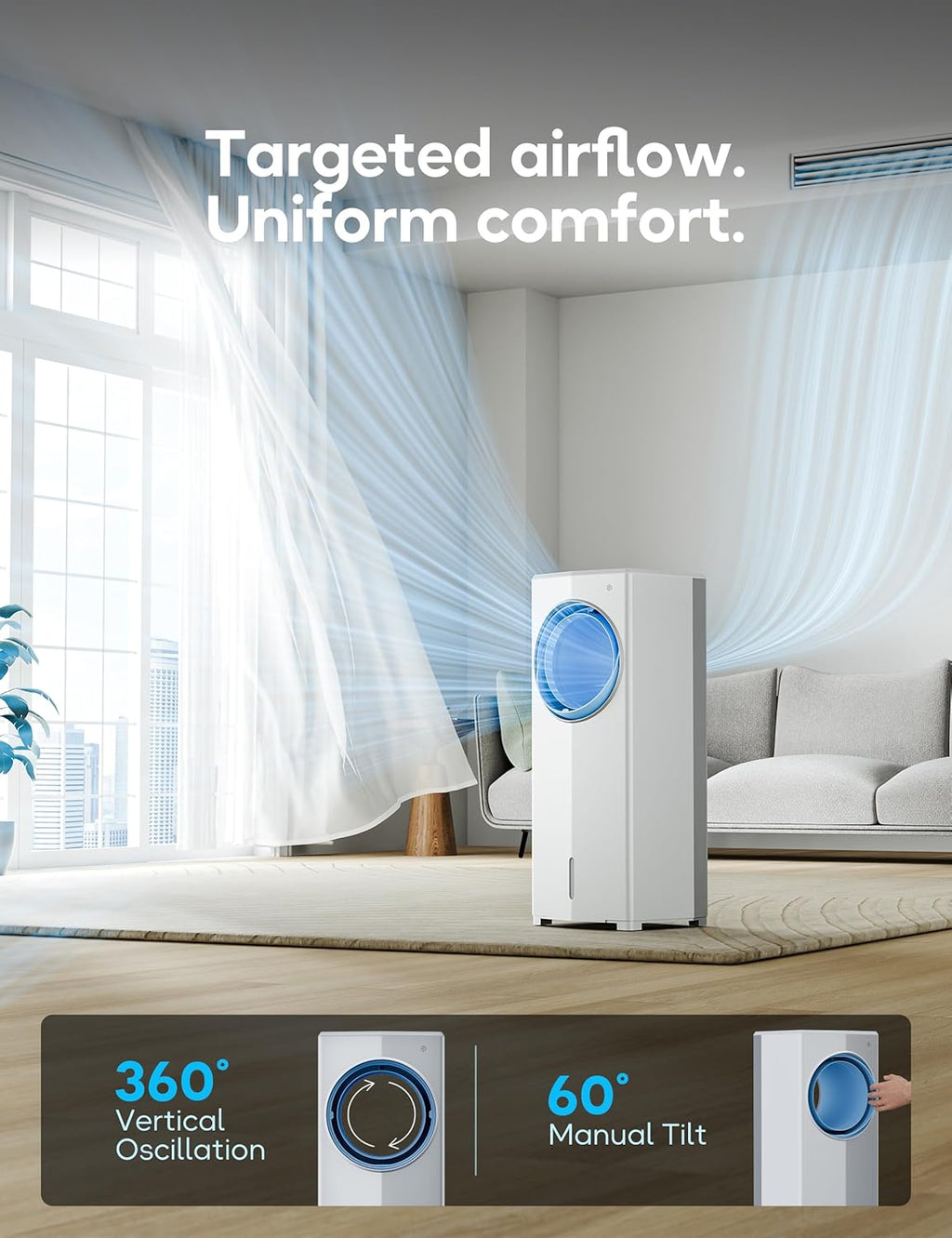 Windowless Portable Air Conditioner, 26.1" Small Evaporative Air Cooler for Room No Window, 3-Speed Settings, 4 Modes, 7H Timer, Remote Control, 4 Ice Packs, Quiet AC Unit for Bedroom, White