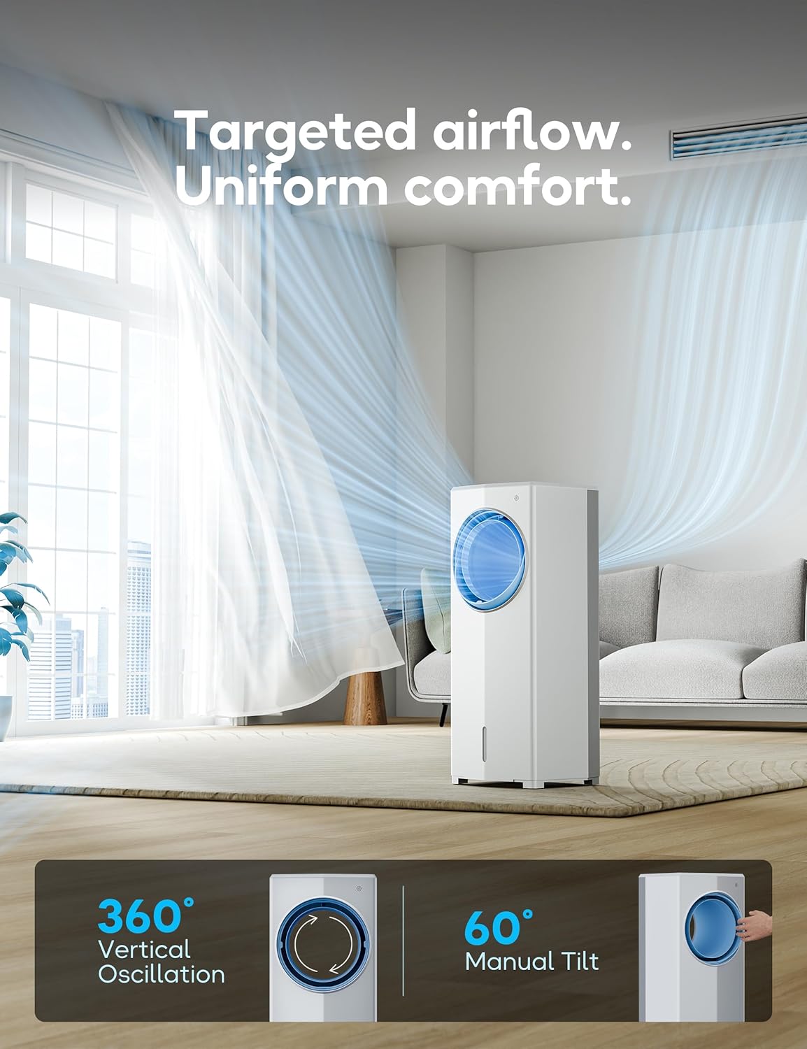 Windowless Portable Air Conditioner, 26.1" Small Evaporative Air Cooler for Room No Window, 3-Speed Settings, 4 Modes, 7H Timer, Remote Control, 4 Ice Packs, Quiet AC Unit for Bedroom, White
